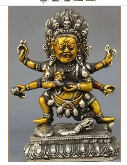 

HANDWORK UNIQUE SILVER COPPER ELEPHANT Tibet Buddhism Silver Gilt 6 Arms Mahakala Wrathful Deity Buddha Seat Statue