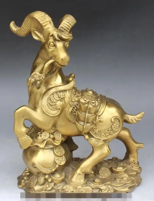 

S07051 13" Chinese Bronze Wealth Yuanbao Money Bag Animal Sheep Goat Ram Ruyi Statue