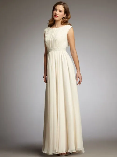

2016 Attractive A-Line Scoop Neck Floor Length Chiffon Mother Of The Bride Dress Long Cap Sleeve Prom Gown Dress Pleats F1312