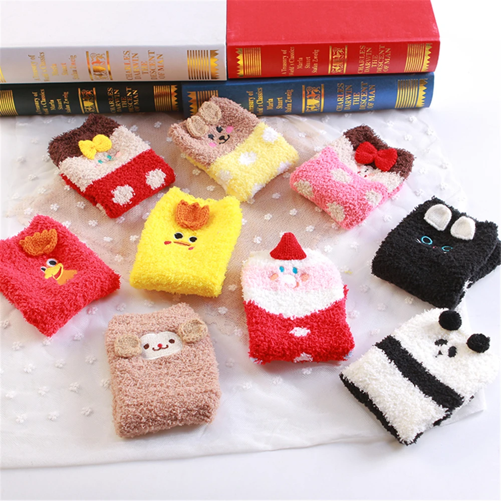 women warm winter soft floor bed socks thick coral velvet embroidery 3D cute animal socks Christmas gift with box self assembly