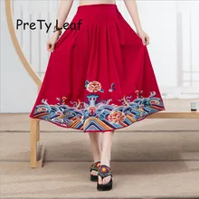 Летняя плиссированная хлопковая юбка с вышивкой в этническом стиле