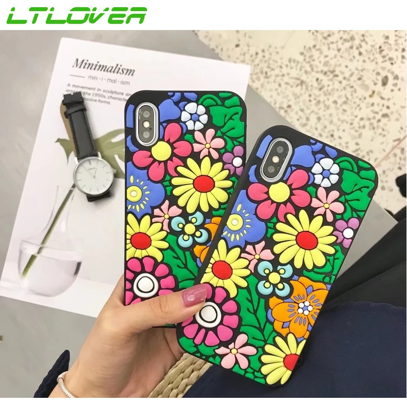 Luxury Pretty Floral Pattern 3D Silicone Phone Case For Apple iphone 6 Plus 7 8 X Soft Brown Back Cover Copa funda |