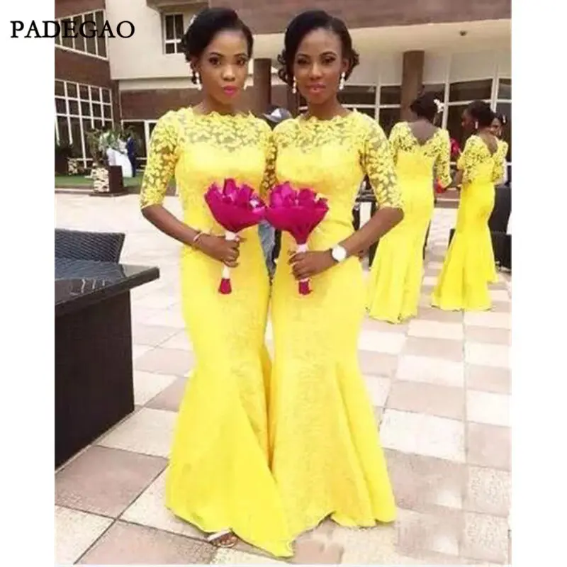 V BACK HALF SLEEVES SHEATH YELLOW BRIDESMAID DRESS WITH LACE