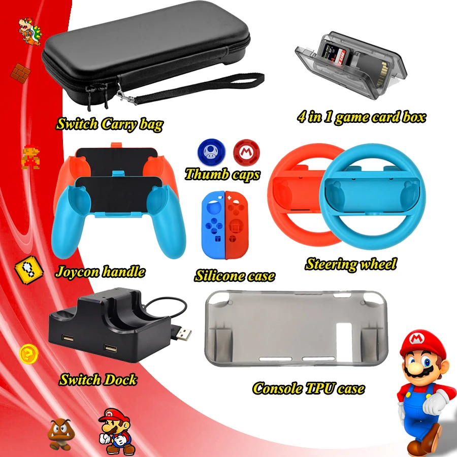 

12 Nintend Switch Accessories Games Steering Wheel Grip Caps Carrying Bag Controller Charger TPU Protective Case Nintendoswitch