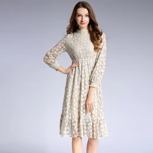 2018 Autumn New Long Long Sleeve Long Temperament Lady Lantern Sleeves Ruffled Lace Dress Dresses