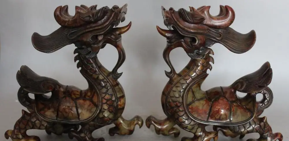 

8"Chinese Feng Shui Natural Jade Dragon Turtle tortoise Beast Animal Pair Statue