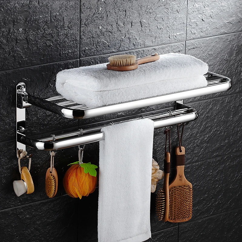 

Wall Mounted Stainless Steel Towel Bar Bathroom Shelves With Hooks Double Layer Bathroom Shelf Bathroom Accessories