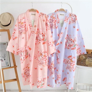 

Japan style Womens sleepwear robe 2020 Summer sakura printed loose bathrobe ladies cotton sexy night gowns female home wear