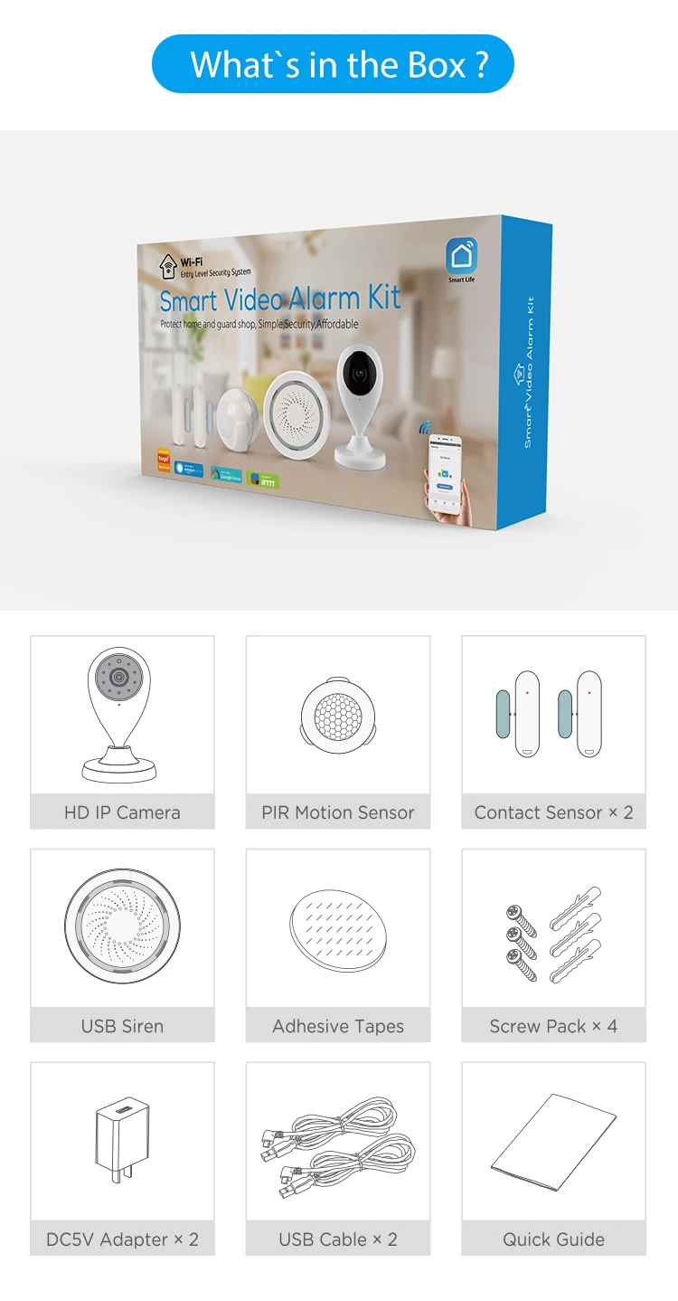 TUYA Smart Home Video Alarm Kit Concluding 720P Cameras 3 sensors 1 Siren Alarm All Support Wifi with SmartLife TUYA Smart APP_F18