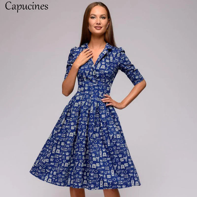 Capucines 2018 Autumn Vintage Brown Printing A-line Dress Women Elegent Half Sleeves Turn-down Collar Party Casual Dress Vestido