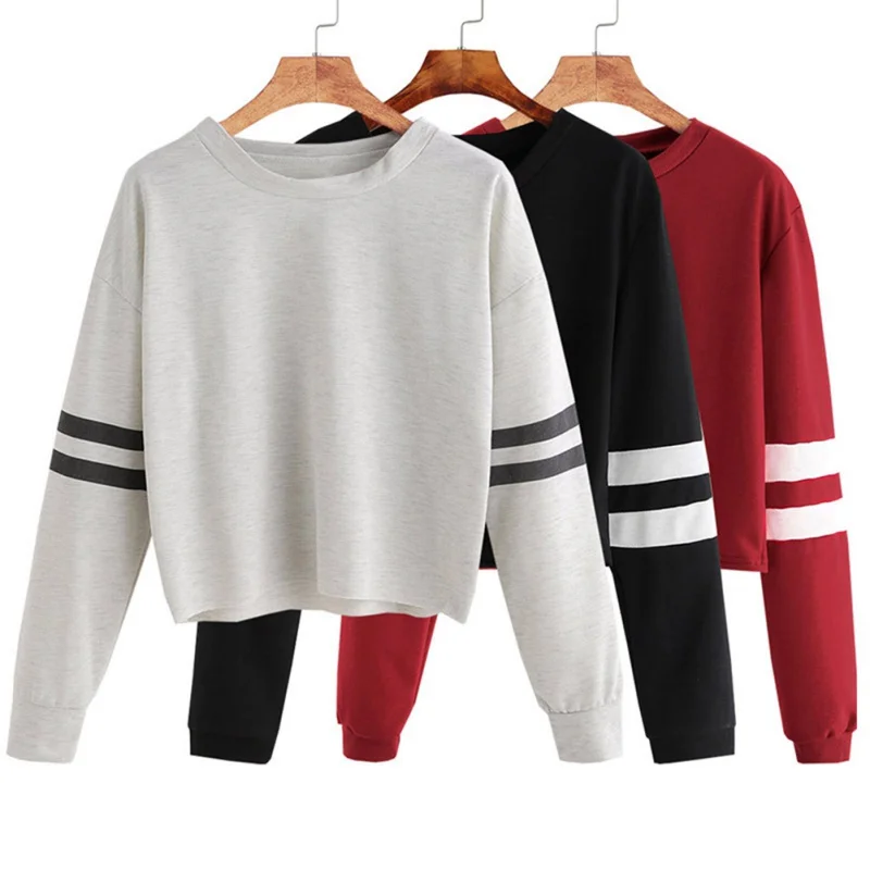 

Autumn Hoodded Crop Short Tops Striped Sleeve Tops Women Long Sleeve Sweatshirts Casual Pullovers Sweatshirt