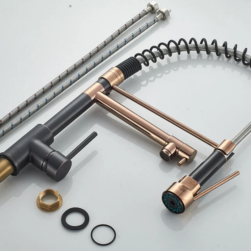  European retro rose gold + ORB black kitchen faucet all-copper multi-functional stretchable rotary  - 33010752723
