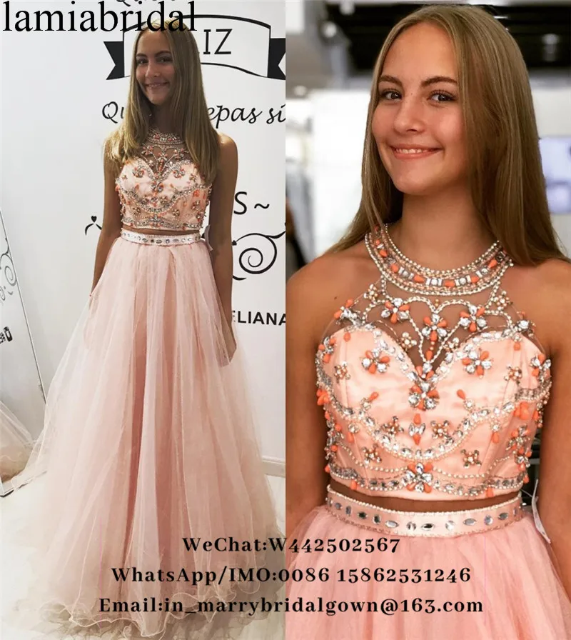 

Luxury Two Pieces A Line Prom Dresses 2K19 Plus Size Sequined Crystals Girls Senior Formal Graduation vestidos de fiesta largos