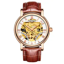 Скелет часы GUANQIN Для мужчин Творческий циферблат часов лучший бренд класса люкс автоматические часы Для мужчин кожаный ремешок сапфир