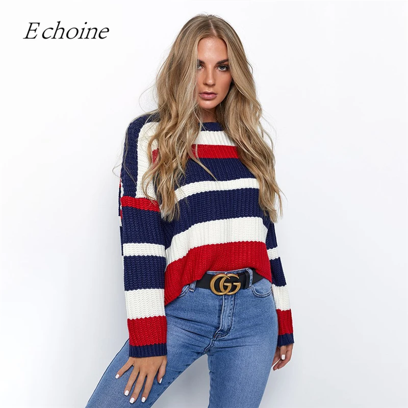 

2018 Patchwork Rainbow Knitting Sweater Striped Coarse Pullover Winter Women Jumper Knitted Oversized Sweater Ladies Streetwear