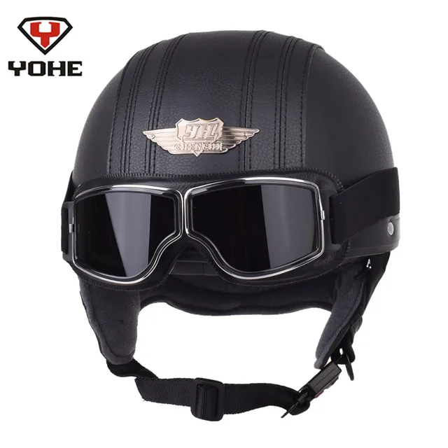 Yohe Cuir Moto Casque Rétro Pilote Aviateur Scooter Vintage Demi
