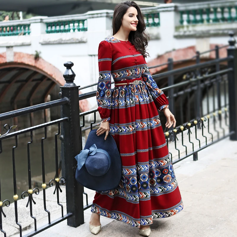 

Ultra Long Casual Feminine Prints Big Hem Floor-length Dress 2018 Hot-selling A-line Chiffon Prints Dress