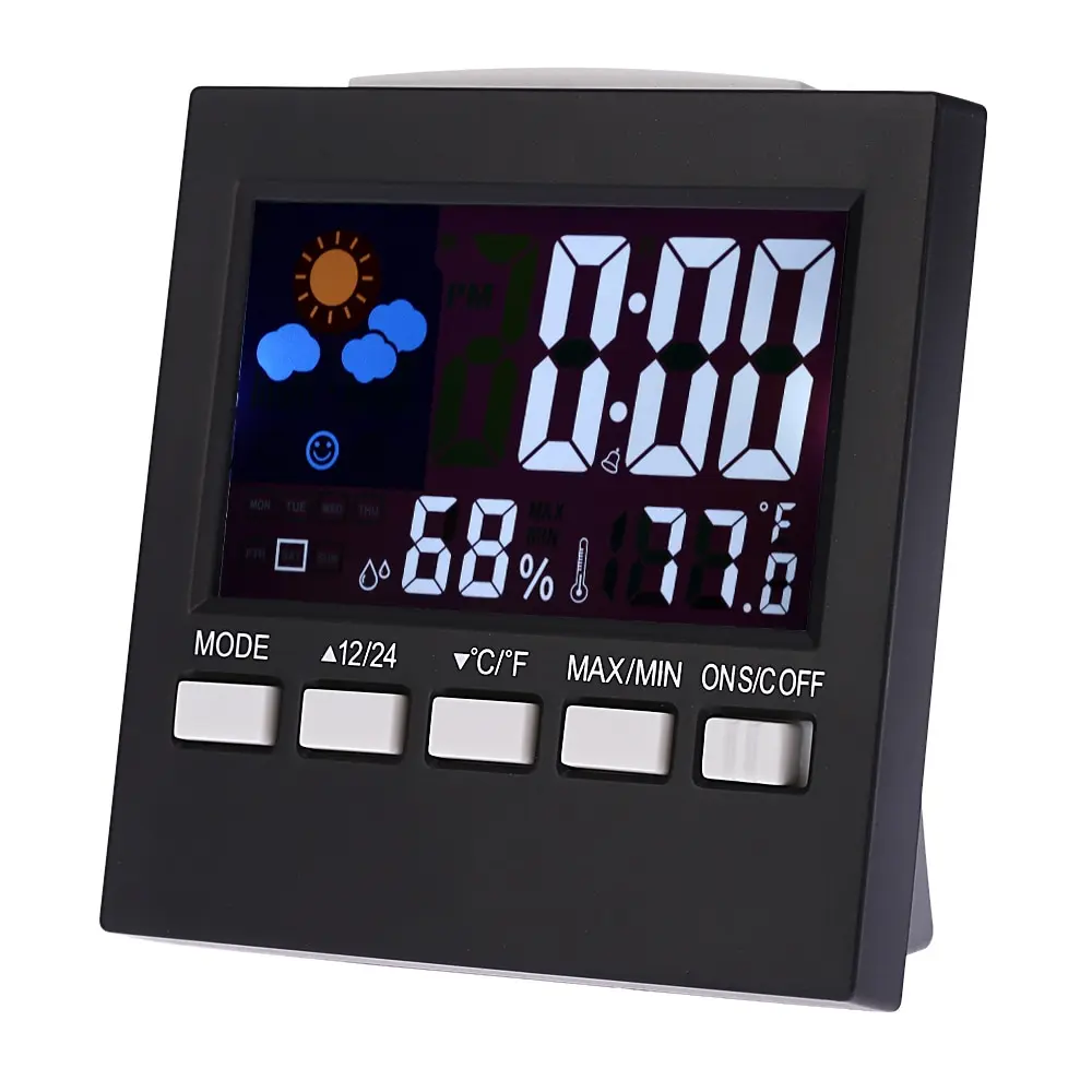 

Multi-use Digital Thermometer Hygrometer Colorful LCD termometro Clock Alarm Snooze Function Calendar Weather Forecast Display