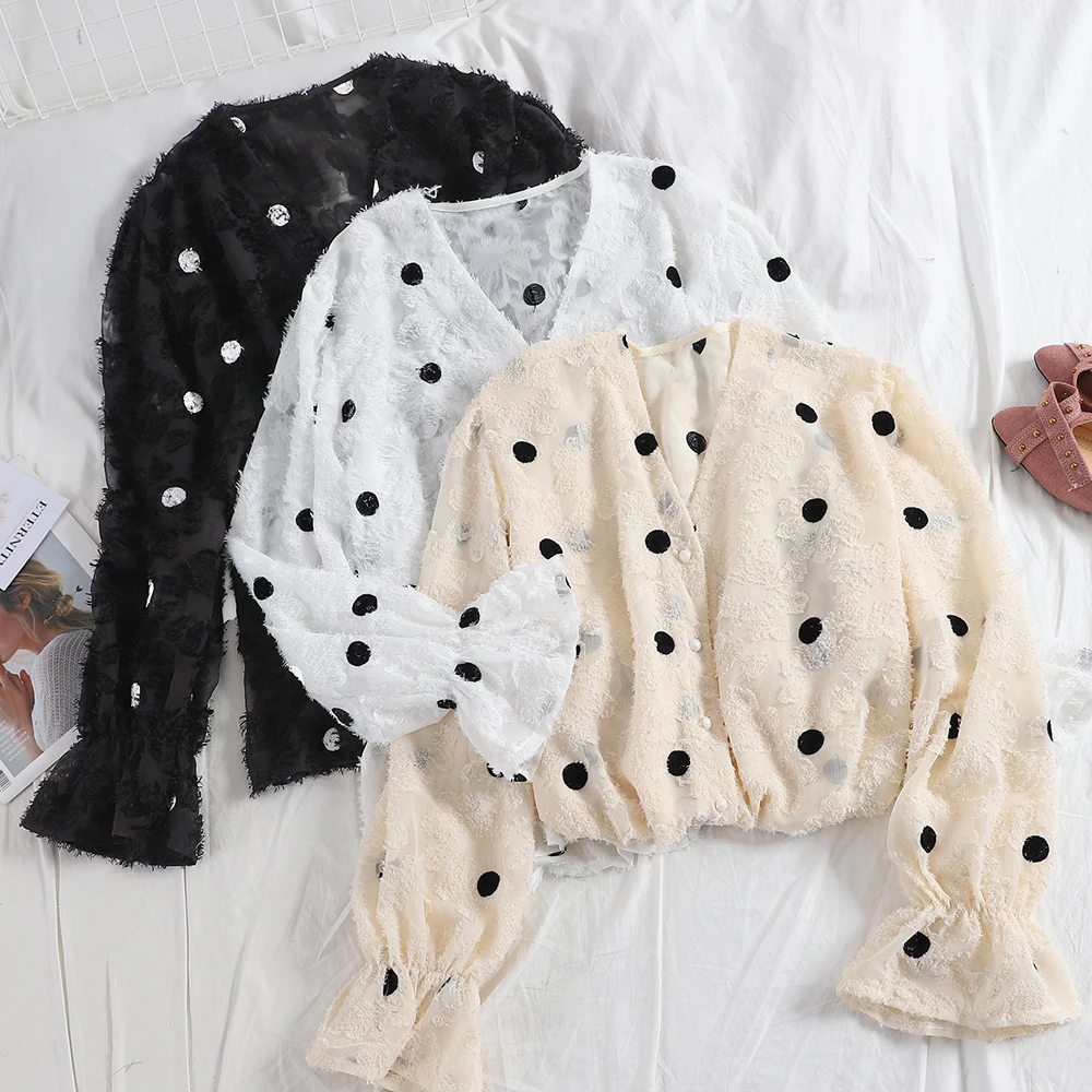 

Women Spring Summer Flare Sleeve V-neck Polka Dot Tassels Basic Shirt New Vintage High Waist Cardigan Button Chiffon Blouse Tops