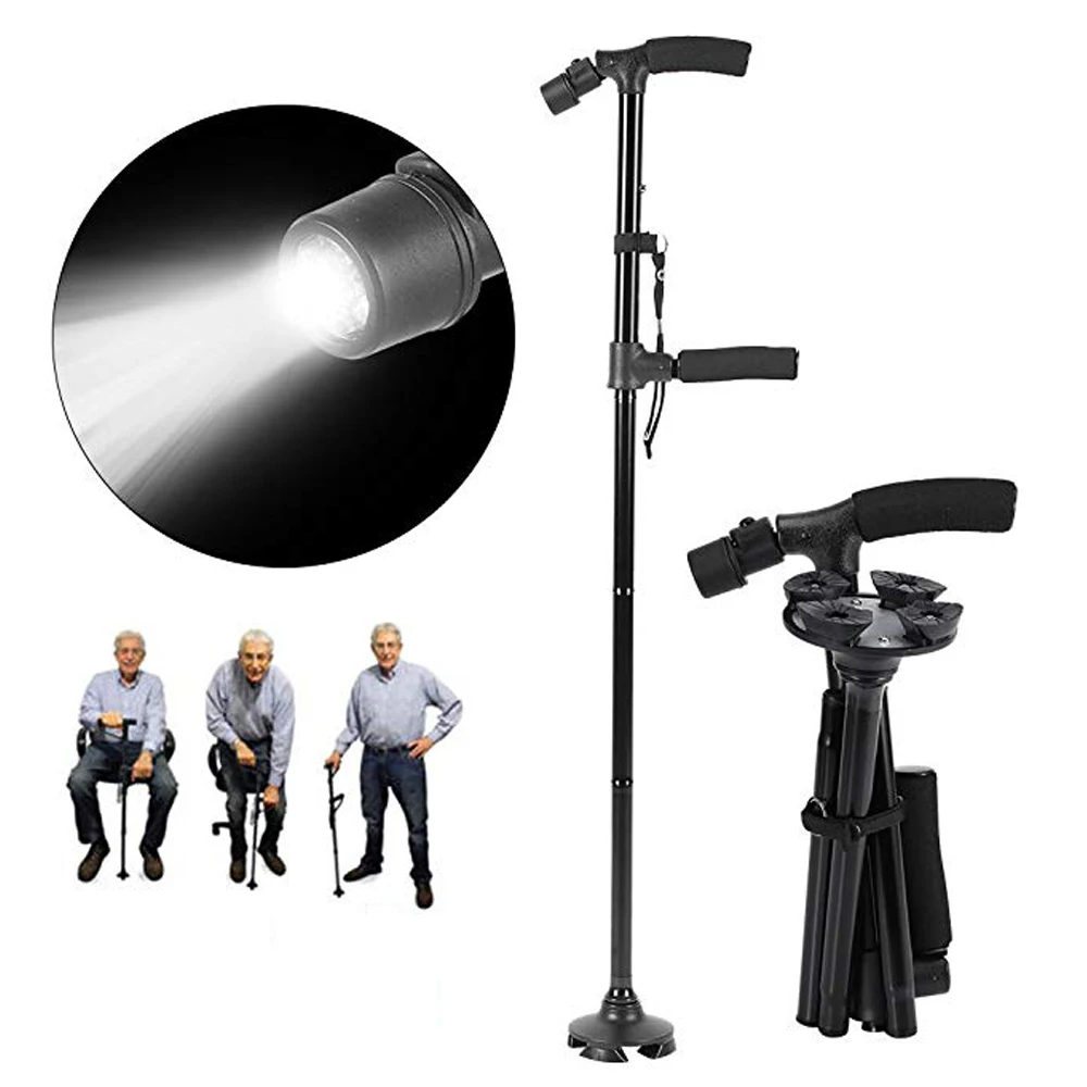 

Folding trekking poles Double Handle Design with Flashlight LED Lights Adjustable walking stick for old men Get Up and Go