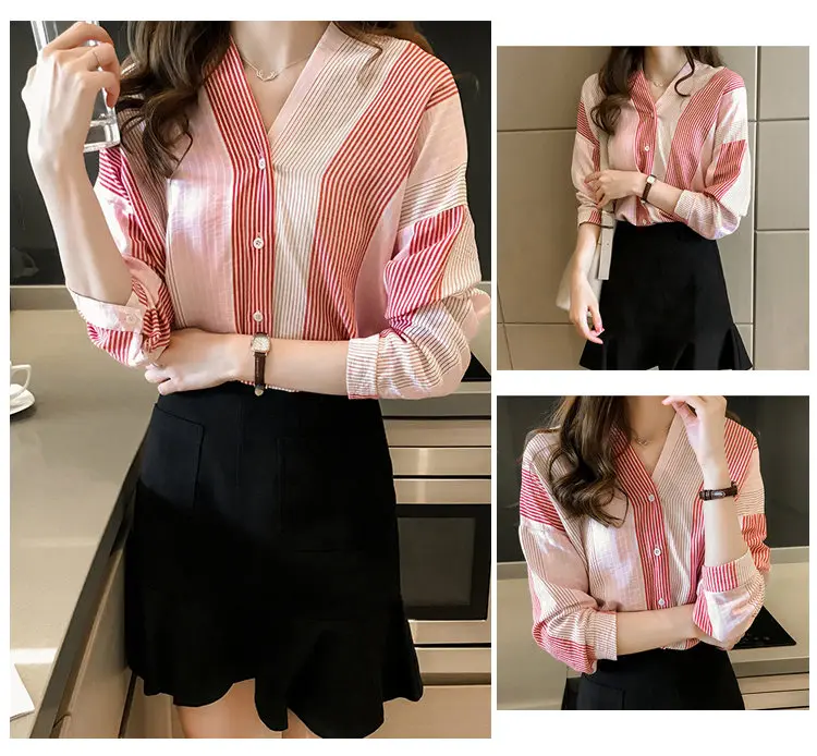 2019 Autumn Women's Striped Shirts Womens Tops And Blouses Fashion Long Sleeve Shirt Plus Size V-neck Blusas Chemise Femme (8)