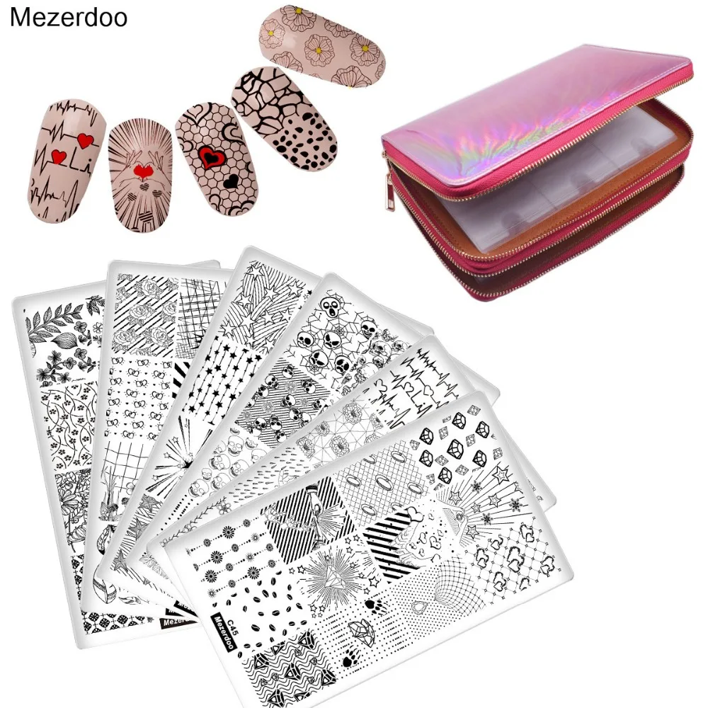Kits de Manicure Imagem do Selo + 96 Deixa Flores Crânio Animais Unha Art Stamping Template Placa Slots Coleção Bolsa Define Rosa 10 Pcs