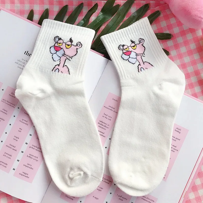 Японские Женские носки без пятки с вышивкой в виде животных, милые хлопковые носки с розовой пантерой, Harajuku, женские цветные забавные носки - Цвет: WT