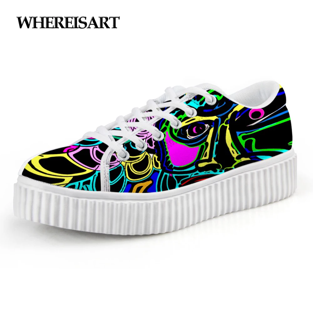 

WHEREISART 2019 Fashion Hand Paint Mixed Color Flat Shoes Women Casual Creepers Platform Shoes Breathable Female Lace-up Flats