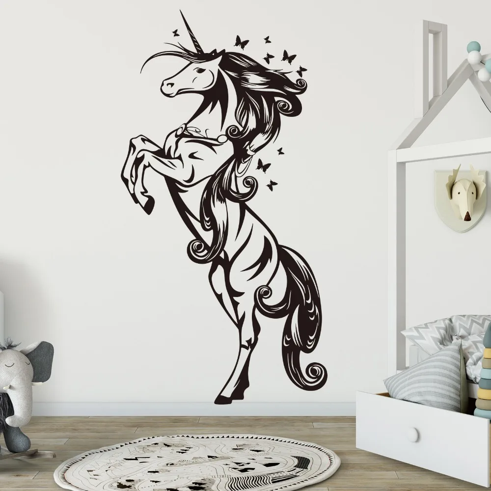 Cartoon Large Unicorn Horse Butterflies Wall Sticker Baby Nursery Kids Room Unicorn Horse Animal Pet Wall Decal Bedroom Vinyl 