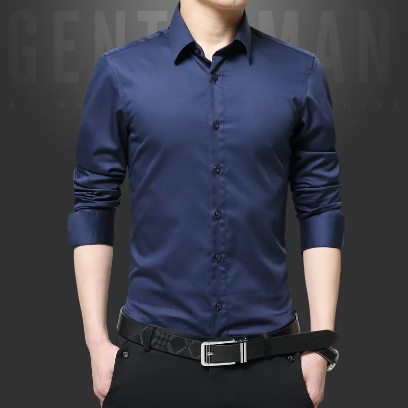 BROWON, Брендовые мужские рубашки, мерсеризованный хлопок, сплошной цвет, приталенная шелковая рубашка с длинным рукавом, гладкие мужские рубашки, большие размеры, S-5XL - Цвет: Синий
