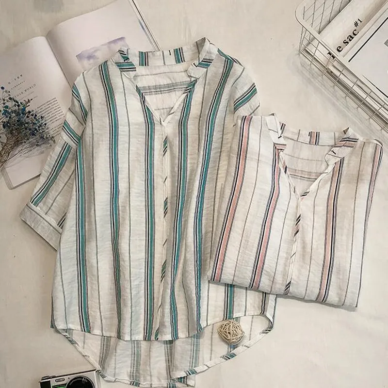 Summer New Women Shirt Chic Loose Bat Sleeve V-neck Striped Short Sleeve Blouse Female Leisure Fashion Korean Top Clothes H9005 5