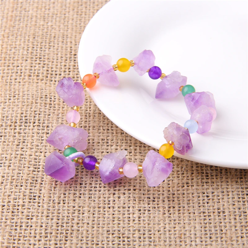 

Natural Raw Amethysts Woman Bracelets Rainbow Healing Energy Round Beads Bracelets Gem Stone Purple Quartz Friendship Bangles