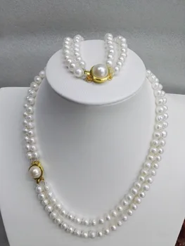 

2 Row 9-10MM Freshwater Cultured pearls Necklace Bracelet Set