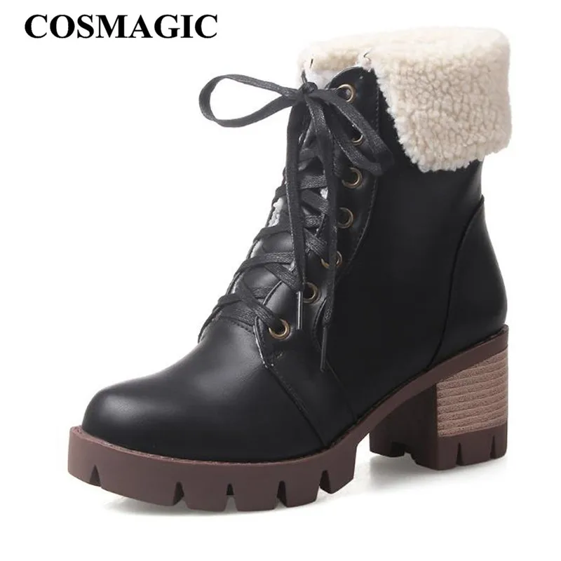

COSMAGIC 2019 New Women Lamb Wool Ankle Boots Motorcycle High Heel Square Heel Lace Up Platforms Short Botas Mujer