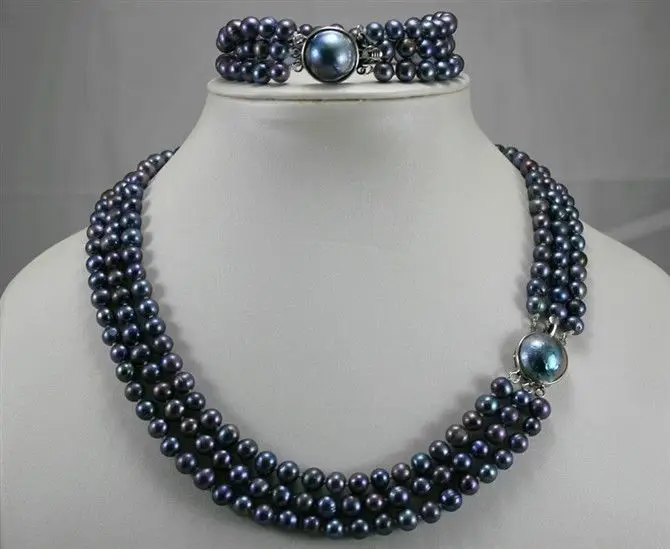 

FREE SHIPPING3 color-3 row 6-7mm black/green/brown pearl shell clasp necklace bracelet set hot