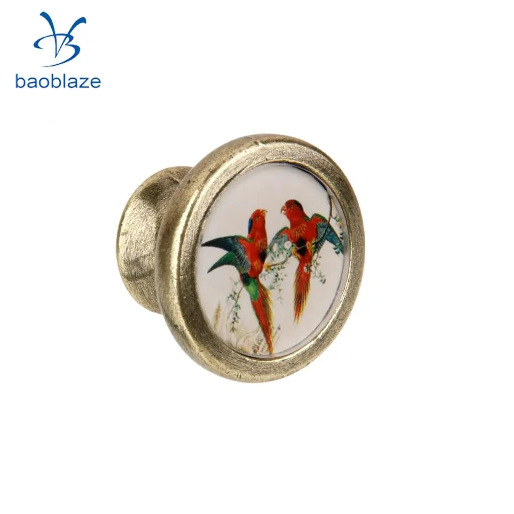 2 Pieces Antique Brass Cabinet Drawer Round Pulls Wardrobe Cabinet Door Cupboard Knob Handle Colorful Birds Pattern