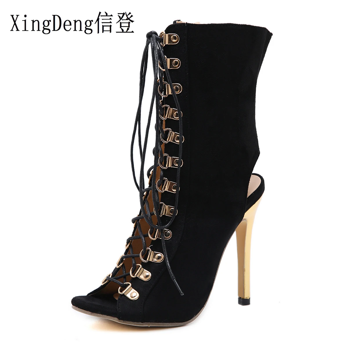 XingDeng Ladies Summer Party Sexy Bandage High Heels Riding Boots Women Rivets Lace Up Ankle