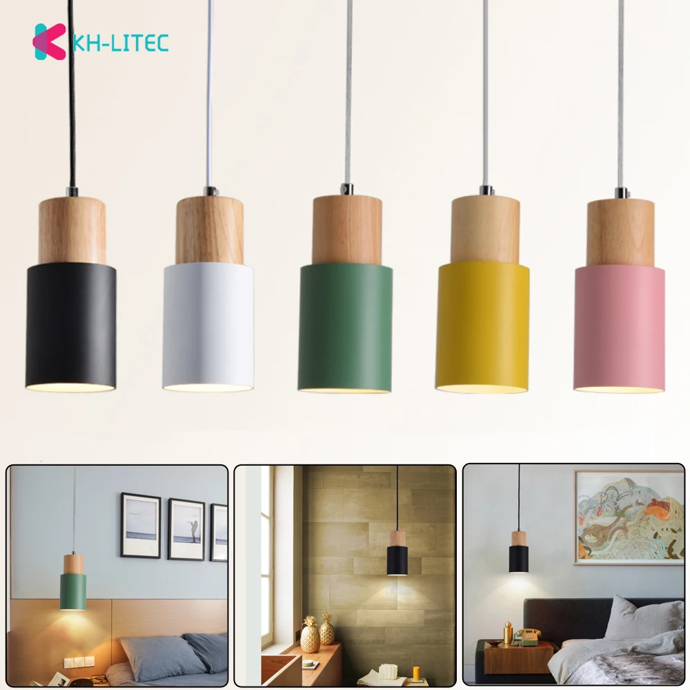 Designer-Nordic-simple-Wood-Pendant-Lights-led-hang-lamp-Colorful-Aluminum-fixture-Kitchen-Island-bar-hotel-home-decor-E272