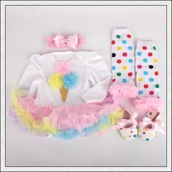 

4PCs per Set Rainbow Ice Cream Baby Girls Long Sleeves Tutu Dress Headband Shoes Leggings for 0-12months Free Shipping
