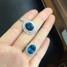 Натуральный голубой топаз ювелирные наборы драгоценных камней натуральный драгоценный камень Кольцо Кулон Серьги 925 серебро Стильный Круглый Большой Диан женские вечерние ювелирные изделия