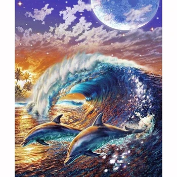 

Diamond Embroidery Mosaic Wave Dolphins 5D Diamond Painting Full Diamond Cross Stitch Needlework DIY Painting Craft
