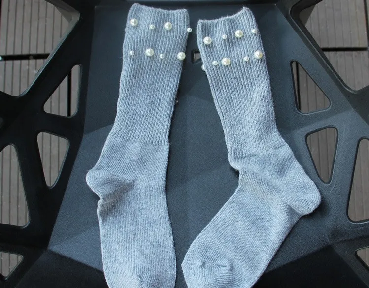 Осень/Зима Новые женские Носки высокое качество, дизайн ручной работы двумя рядами жемчуга бисером шерсть хлопок длинные носки для женские