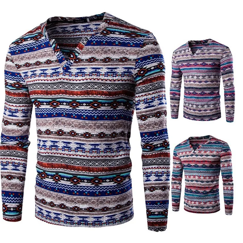 Fashion Men s Shirt Africa Indian Vintage Folk Ethnic Style T shirts Homem Cotton Geometric Print