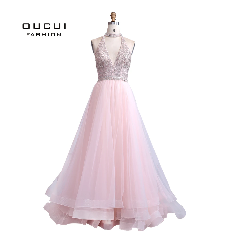 Открытая спина дизайн розовый Холтер Тюль А-силуэт глубокий v-образный вырез без рукавов бисером элегантное платье для выпускного вечера с блестками OL103504 - Цвет: Pink