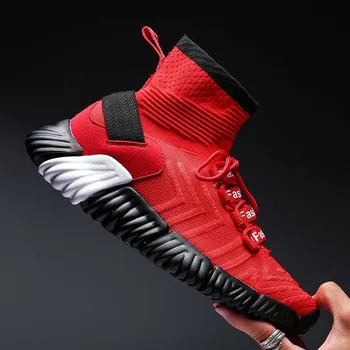 

QZHSMY Black White Red Mixed Colors Men Casual Shoes Sneakers Plus Size 46 Stretch Sock Shoe Men Fly Weave Sneakers Men Footwear