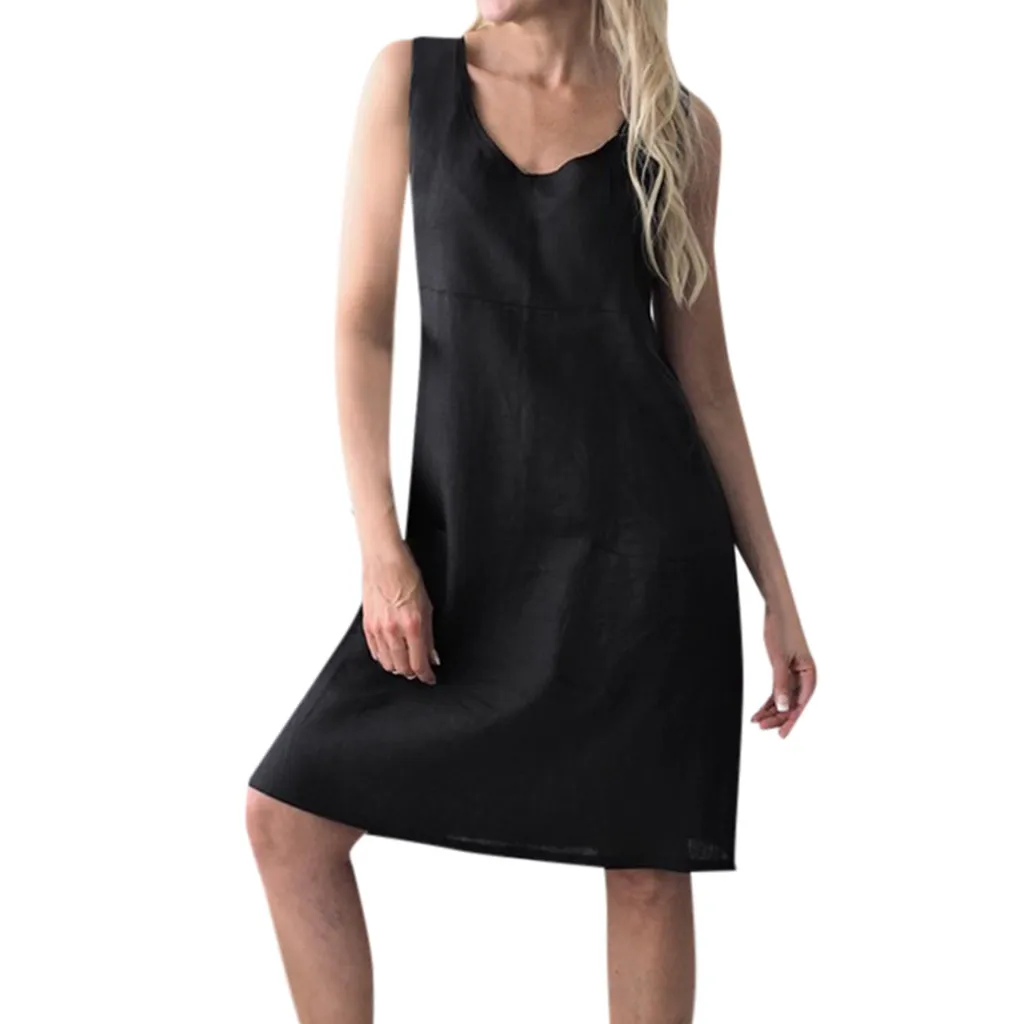

Women O-neckline Solid Dress Sleeveless Loose Casual Pocket Mini Linen Dress