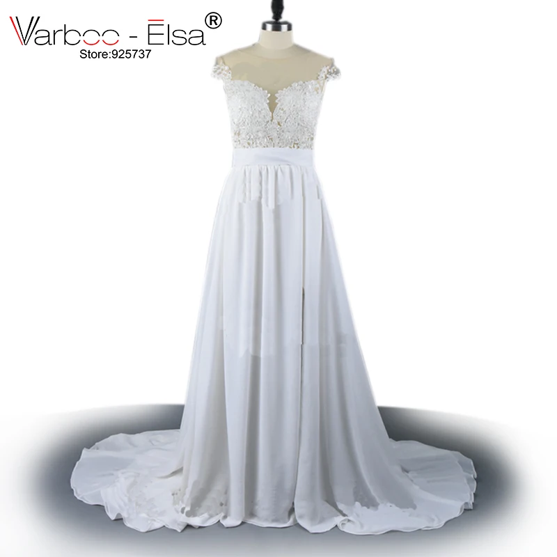 Vintage Chiffon Beach Wedding Dress Summer White Cap Sleeves V
