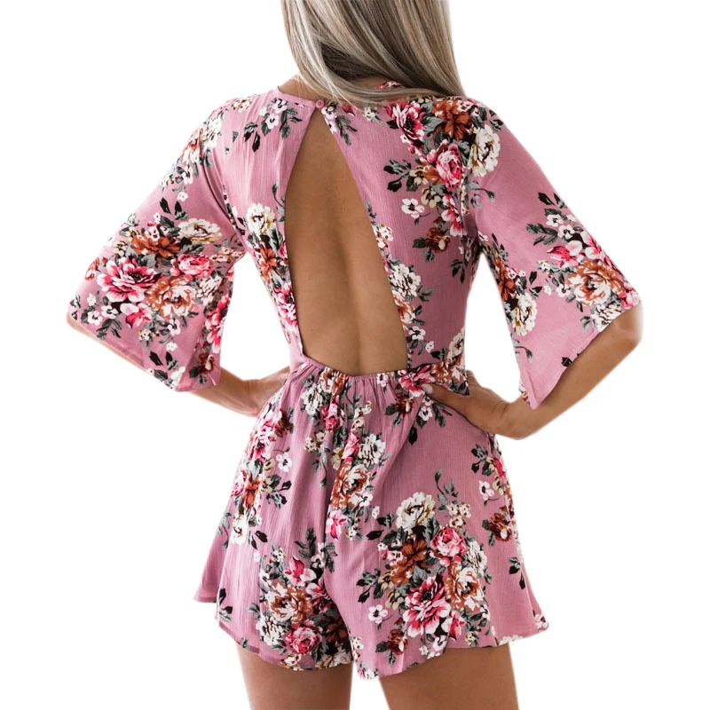 

Elegant Sweet Floral Print Women Playsuits Sexy Jumpsuit Shorts New Summer Half Sleeve Party Beach Playsuit Overalls GV417