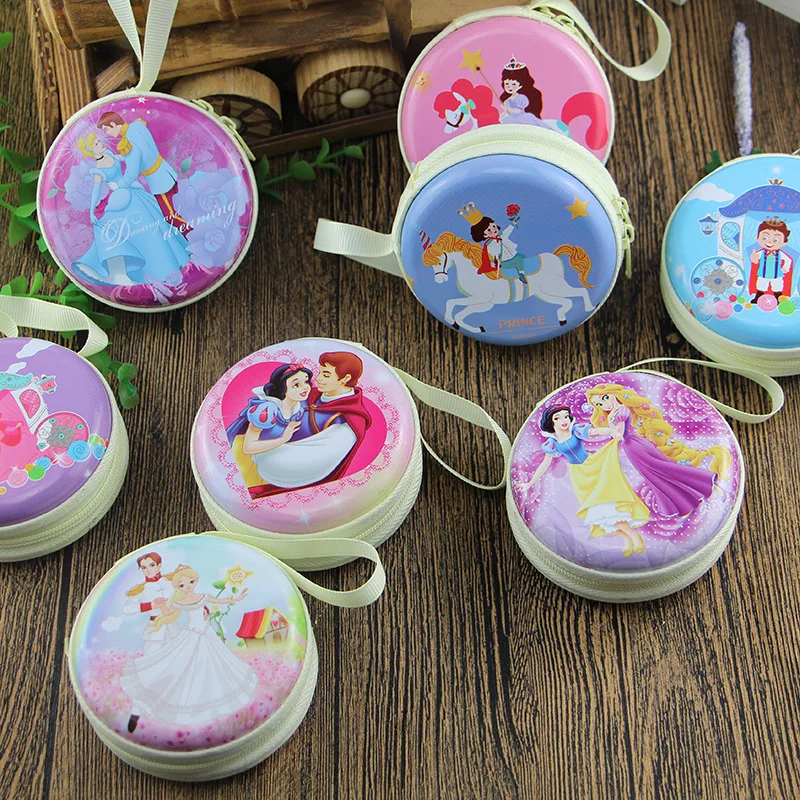 

12pc/lot Prince and princess cartoon round tin iron box / pouch / key purse /steel storage box/coin headset bag/children gift