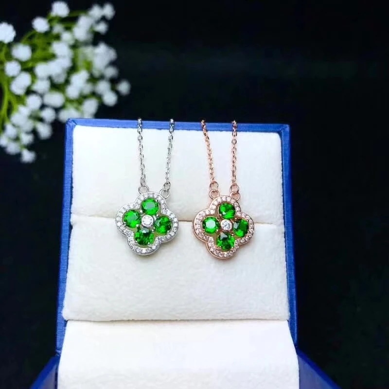  Collier de pierres précieuses diopside vert naturel collier pendentif trèfle élégant S925 argent fe